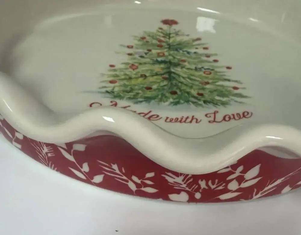 Pioneer Woman 9” Pie Dish “Made with Love” Ruffled Edge Christmas Tree